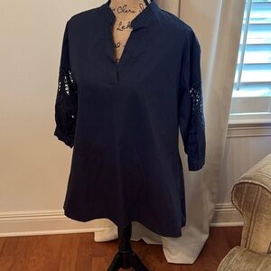Joh. Apparel Navy Blue Women's Tunic Cotton Top with Peacock Lace Sleeves S